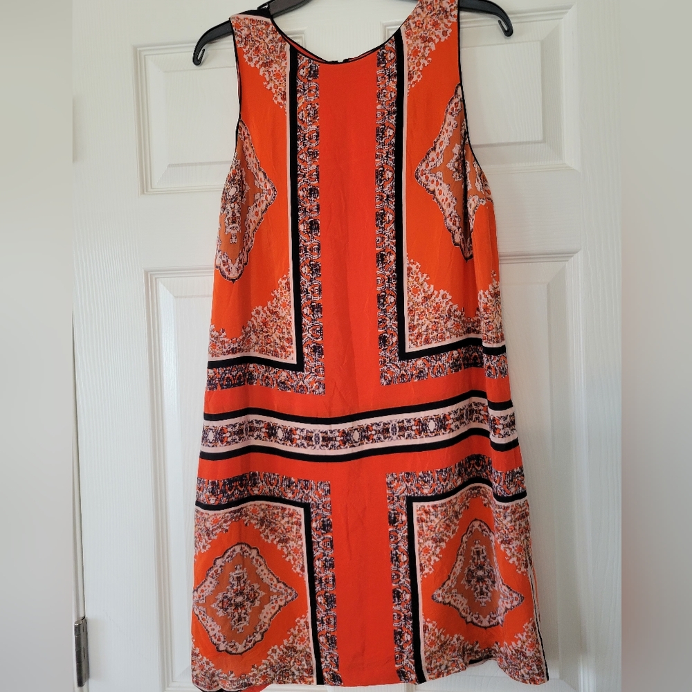 Anthropologie Maeve Women’s Canna Shift 100% Silk Dress Orange Black Print Sz 8